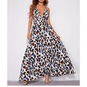 SHEIN all over print long FULL skirt dress criss cross open back DEEP V front 10